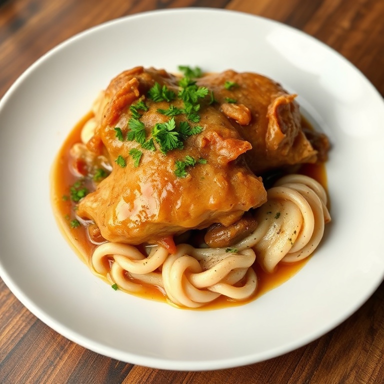 A serving of chicken pot roast with a sprinkle of fresh parsley on a white plate