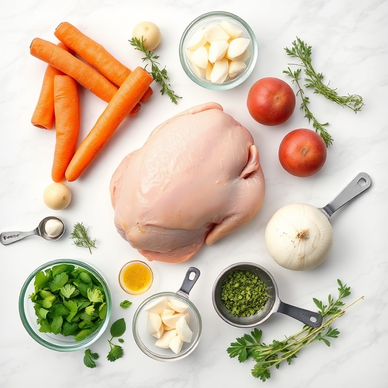 Raw chicken, carrots, potatoes, onions, garlic, and herbs arranged in a flat lay