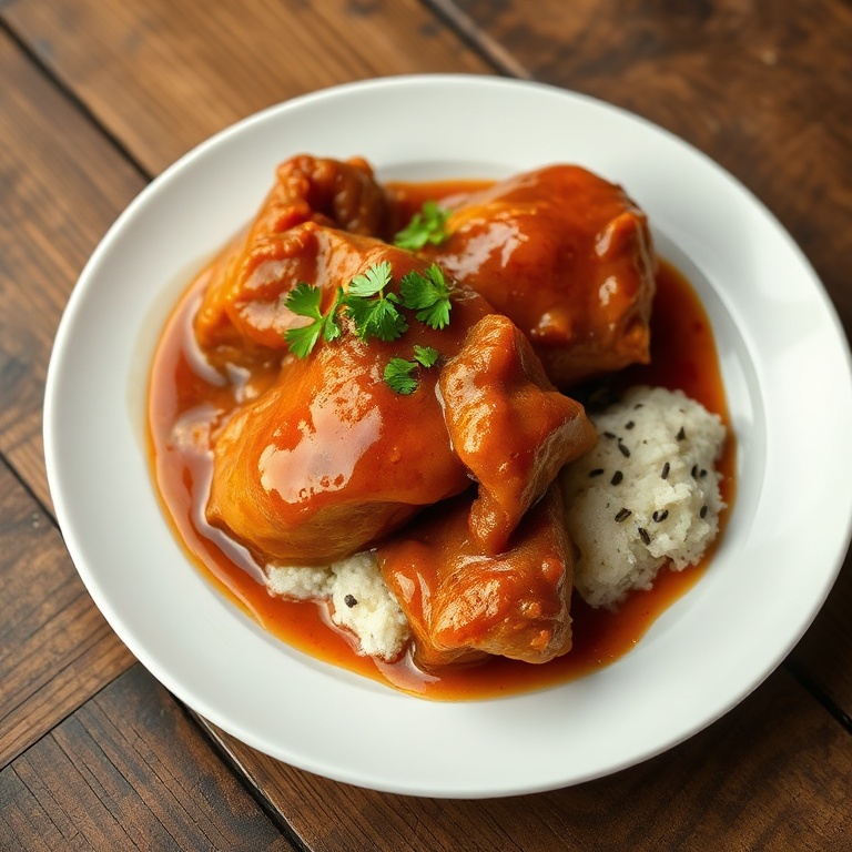 One serving of cola chicken plated on a round white dish, extra sauce poured over, garnished with chopped parsley, close-up, cozy lighting showing glossy texture.