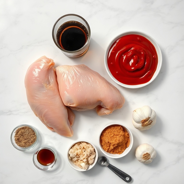 Raw chicken thighs, cola in a glass, ketchup in a bowl, brown sugar, garlic cloves, all laid out on a white marble surface with measuring spoons visible.