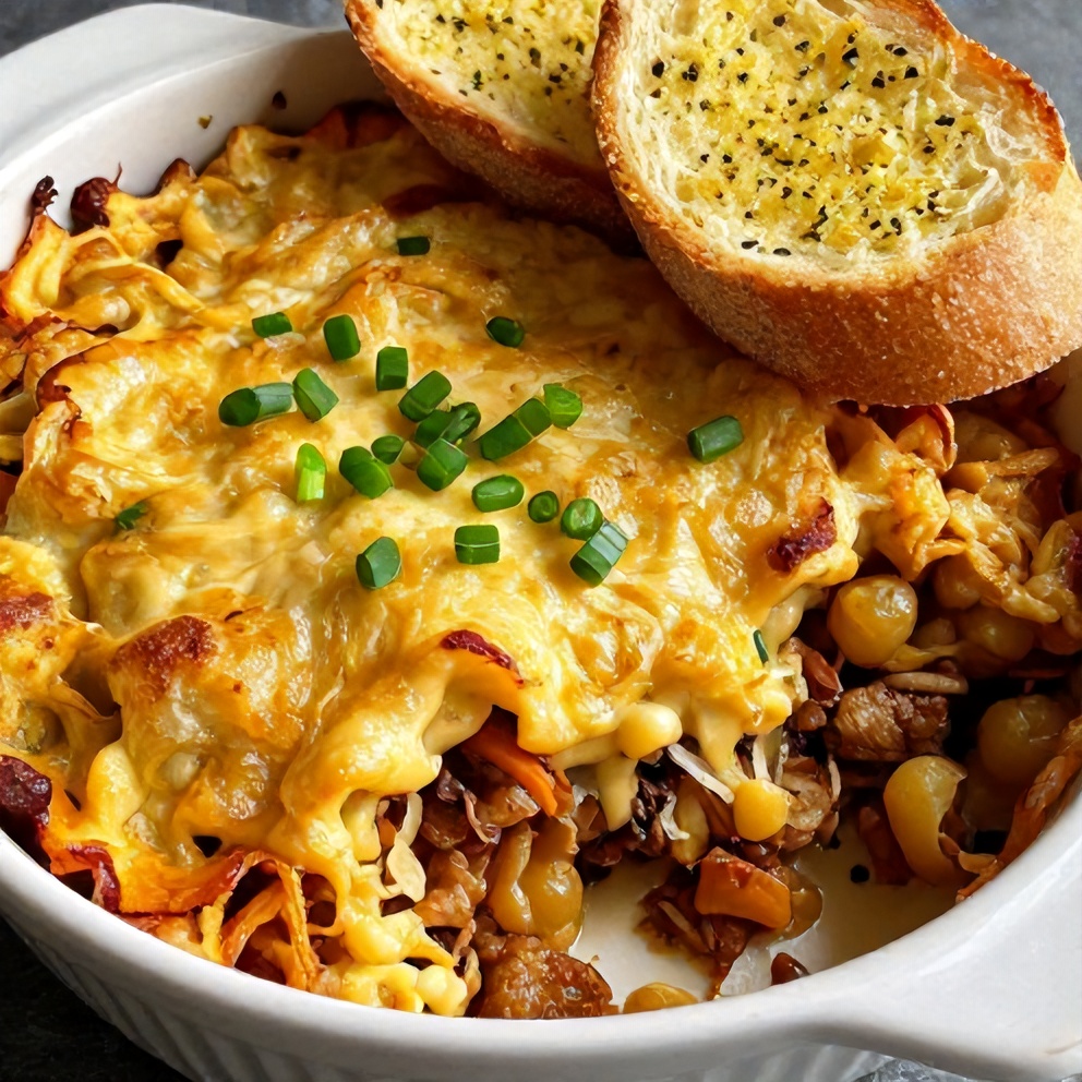 Plated serving of Slow Cooker Cowboy Casserole with a side of garlic bread