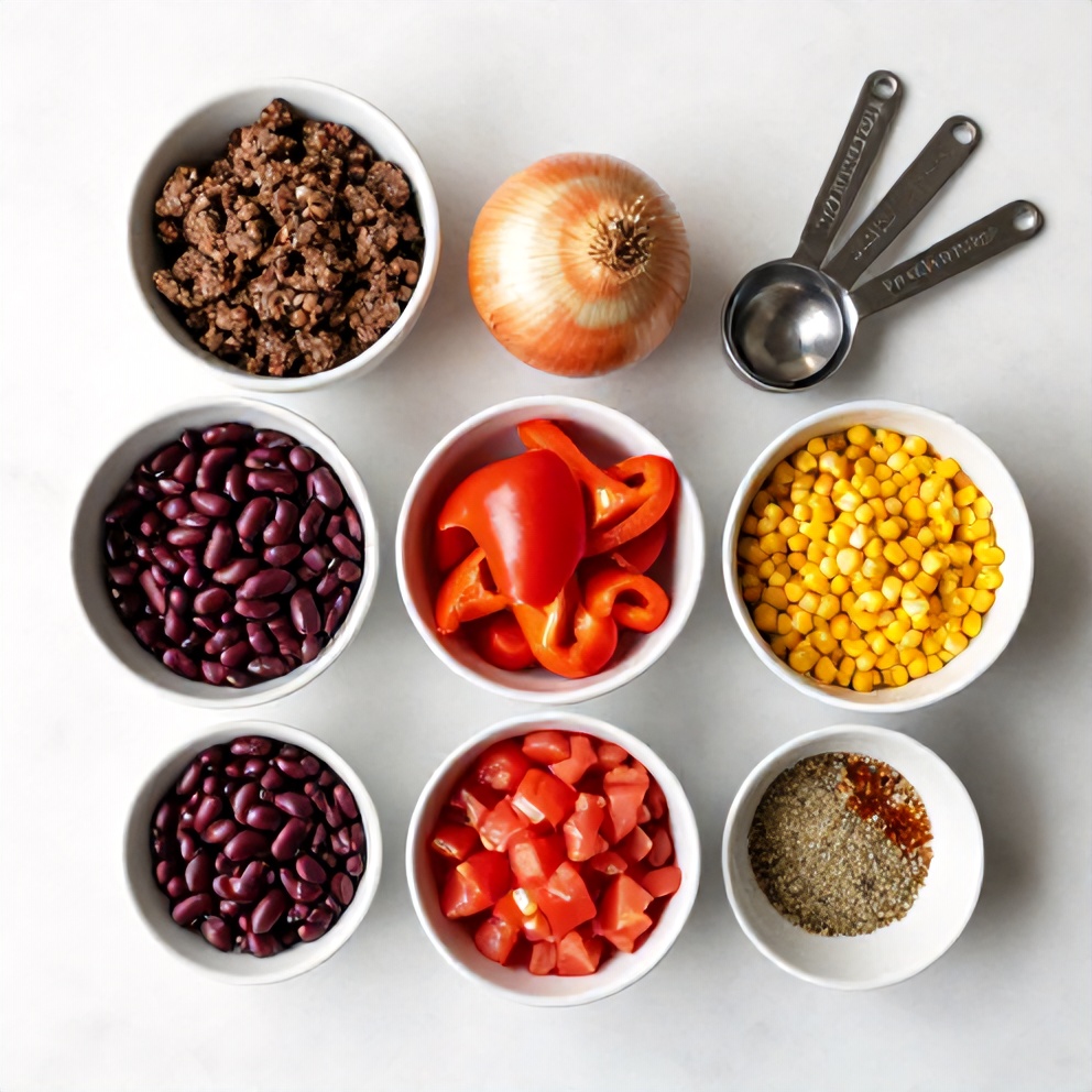 Raw ingredients for Slow Cooker Cowboy Casserole including ground beef, kidney beans, corn, and diced tomatoes