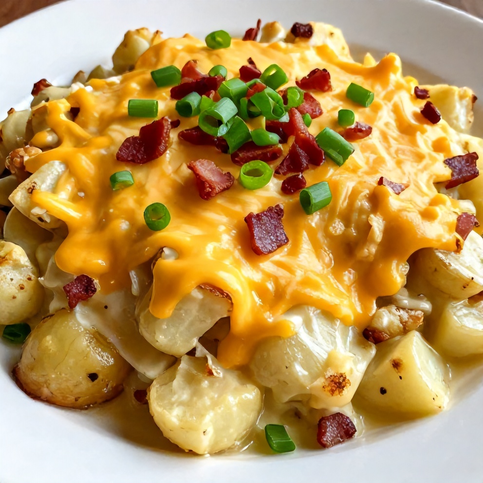 A serving of Slow Cooker Cowboy Potato Casserole on a plate