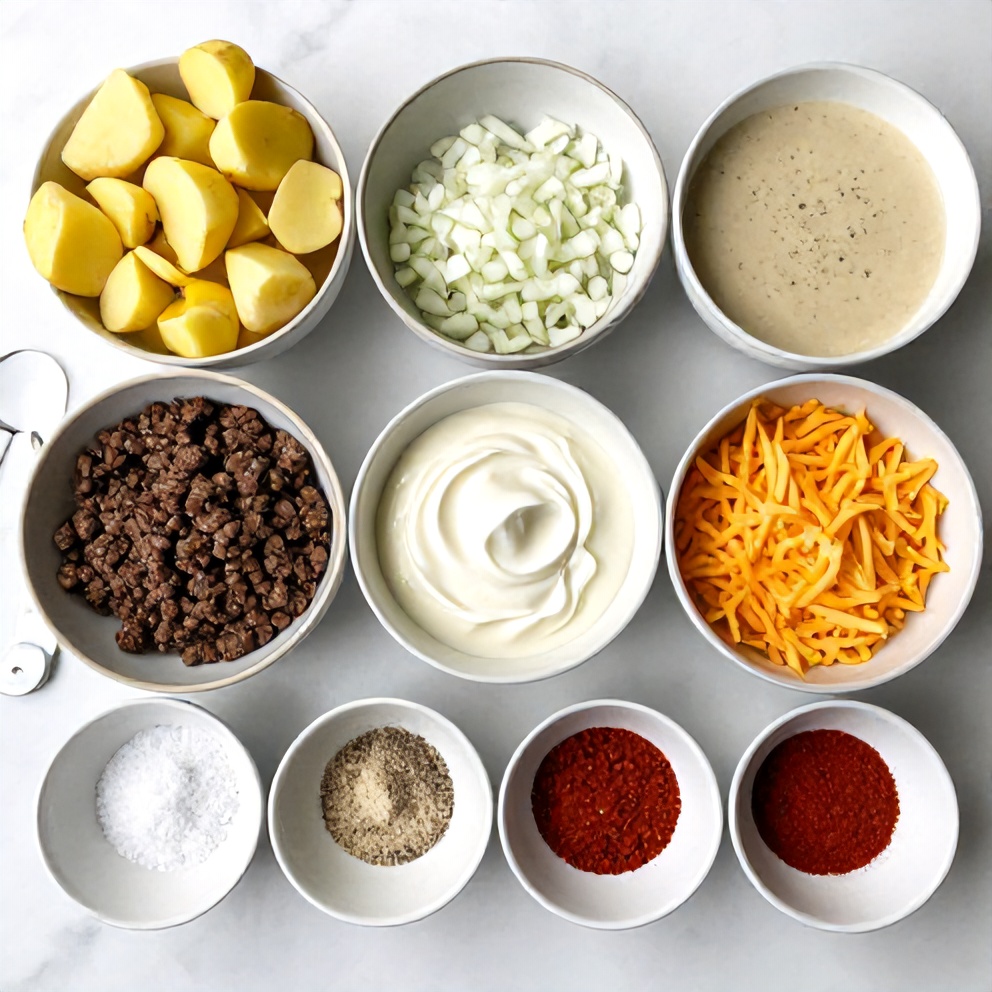 Raw ingredients for Slow Cooker Cowboy Potato Casserole laid out