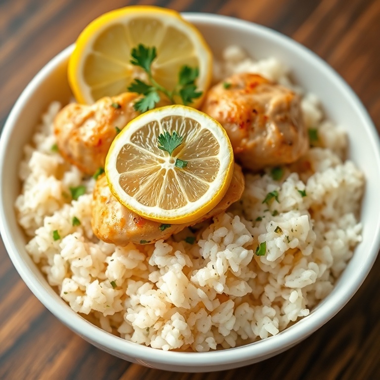 One serving of lemon herb chicken and rice on a white shallow bowl garnished with fresh parsley and lemon slices, warm side lighting highlights juicy chicken on fluffy rice.