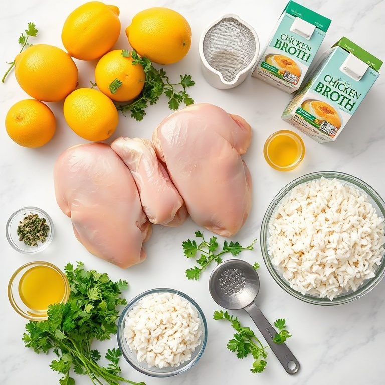 Overhead flat lay of raw chicken thighs, lemons, long-grain white rice, fresh parsley, and chicken broth with seasonings and oil in prep bowls on white marble.
