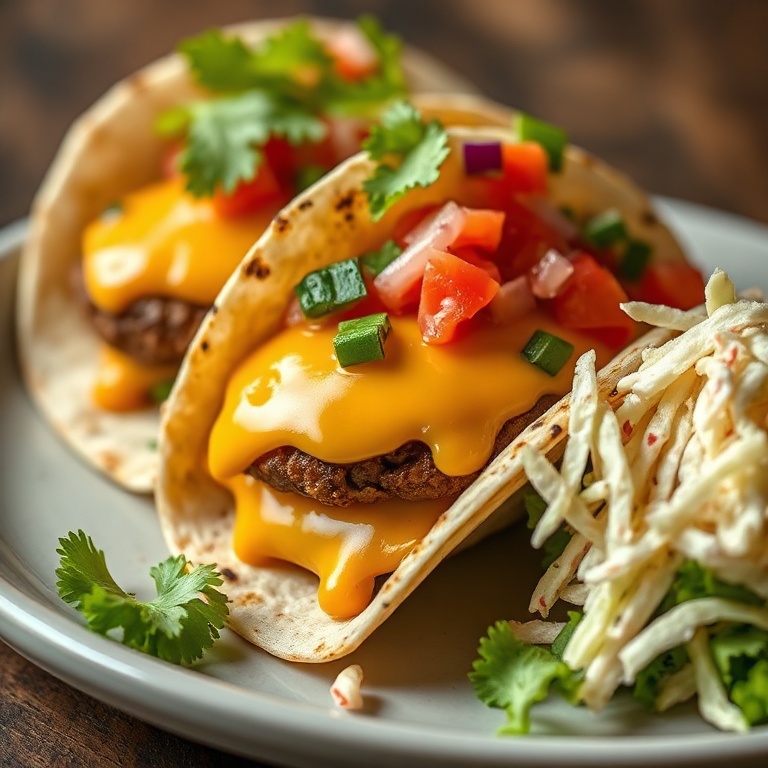Perfectly plated burger tacos with melted cheese, fresh toppings, and a side of crispy slaw