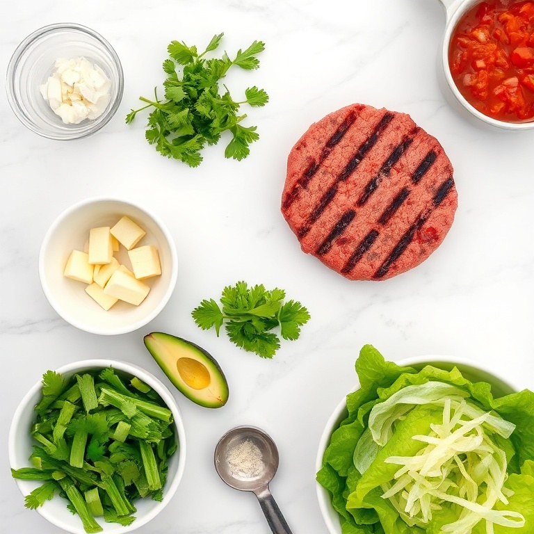 Grilled beef patty, butter, garlic, fresh cilantro, avocado, shredded lettuce, and salsa arranged in a flat lay