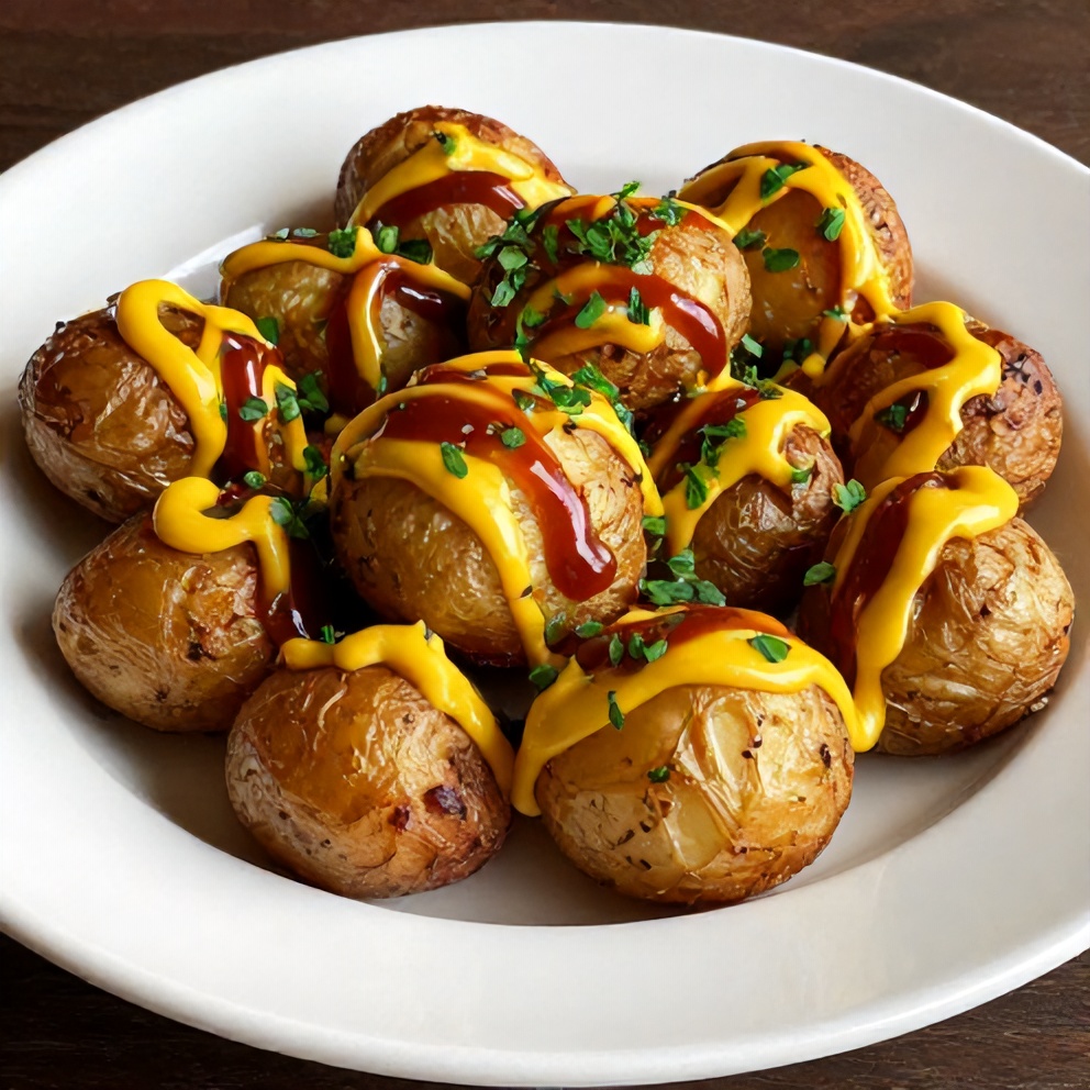 Plated smoked baby potatoes with beer mustard