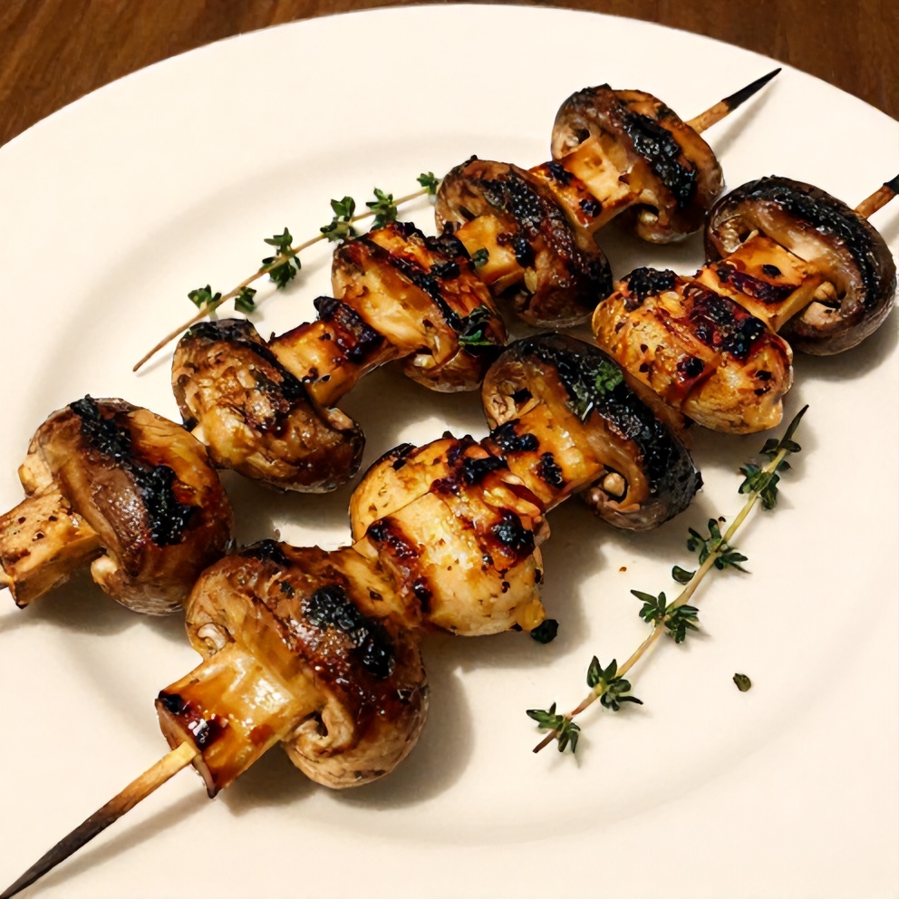 Plated smoky grilled mushroom skewers with fresh thyme