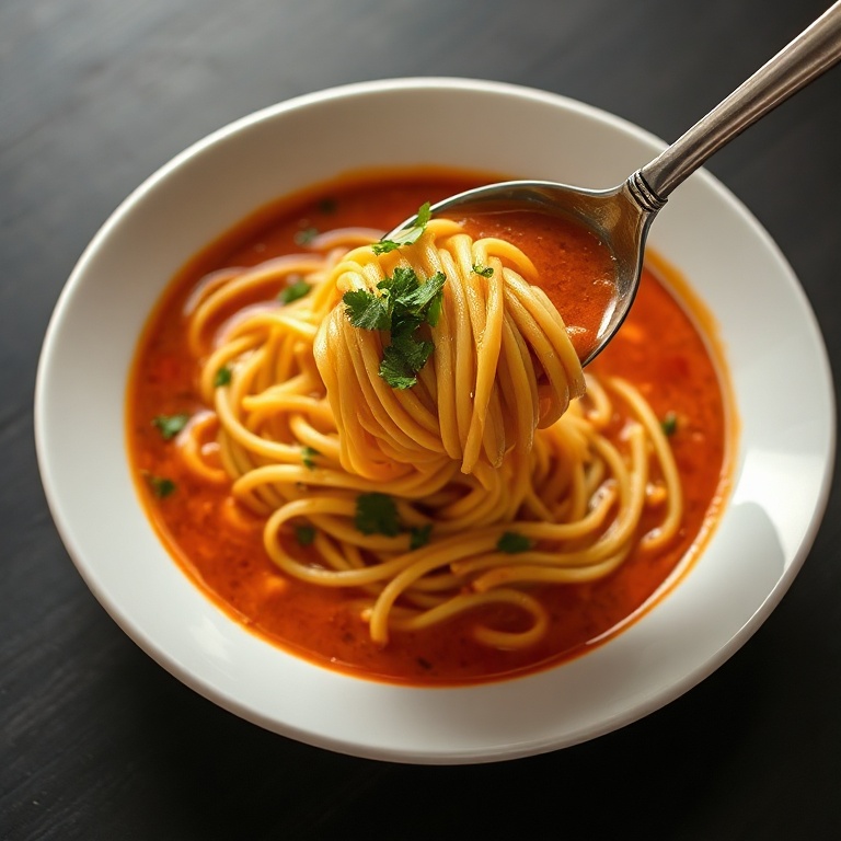 Close up of sopa de fideo in a white bowl, topped with cilantro. Rich broth and toasted noodles in warm side light show cozy texture.