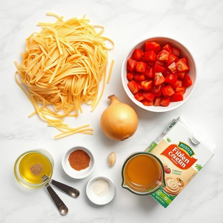 Overhead flat lay with dry fideo noodles, fresh tomatoes, onion, garlic, and chicken broth arranged with measuring spoons on a bright surface.