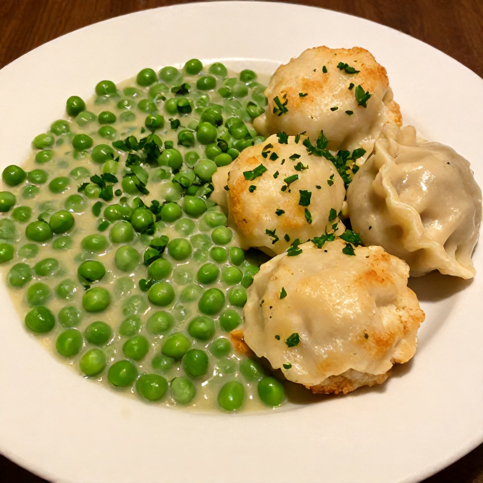 Plated Southern Peas and Dumplings with parsley garnish