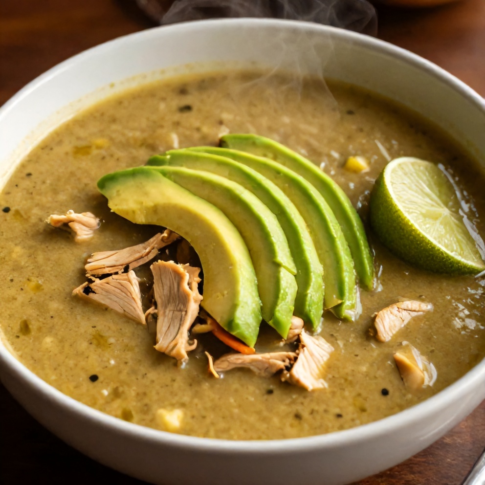 Southwest Chicken Soup served with avocado and lime