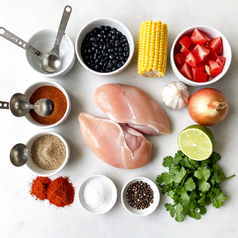 Ingredients for Southwest Chicken Soup: chicken, beans, corn, diced tomatoes, onions, garlic, spices