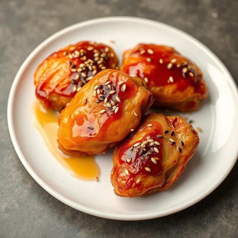 Serving of crispy chicken thighs with honey glaze. Garnished with sesame seeds on a white plate.