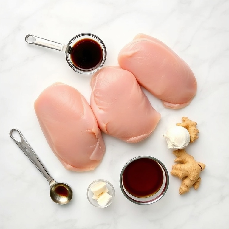 Raw chicken thighs, soy sauce, garlic, honey, and ginger arranged in a flat lay. Measuring spoons and bowls nearby.