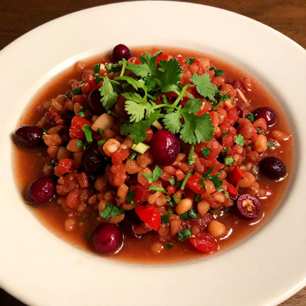 One perfect serving of Spicy Cranberry Salsa on a white plate, garnished with fresh cilantro, with warm side lighting highlighting the texture.