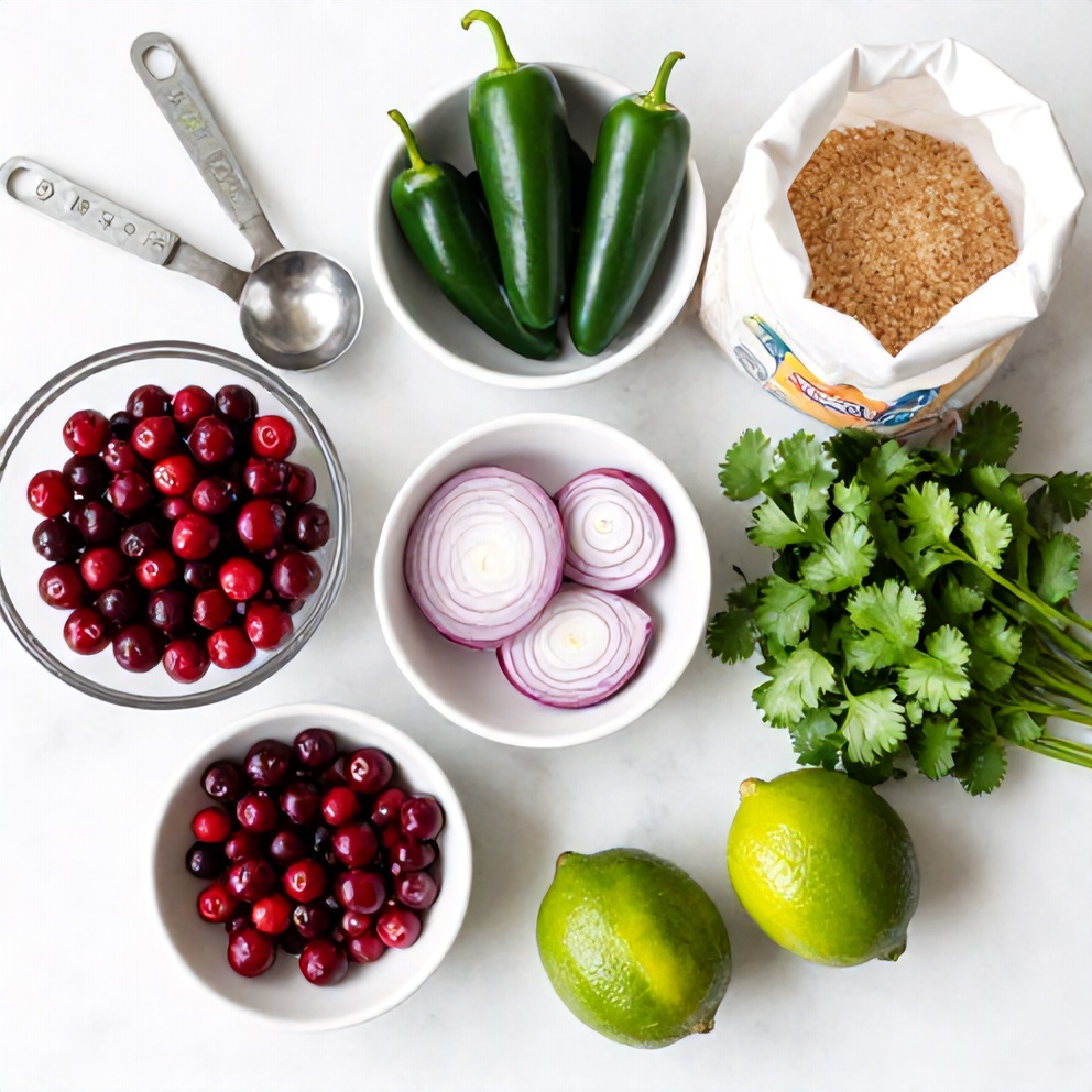 Overhead flat lay of raw ingredients: fresh cranberries, red onion, jalapeño, cilantro, lime, and a bag of sugar, with measuring spoons and bowls visible on a white marble surface.
