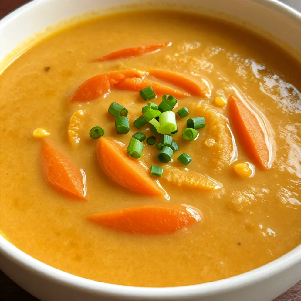 Finished Spicy Miso Carrot Soup with a sprinkle of green onions