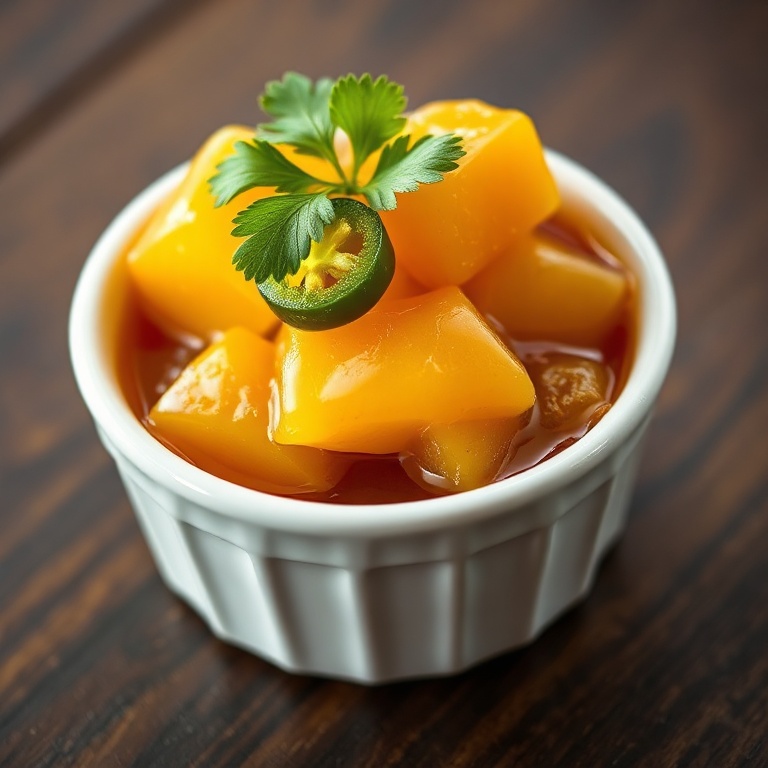 A small white bowl filled with candied pineapple and jalapeño slices glazed in syrup, topped with a cilantro sprig, all on a dark wood surface.