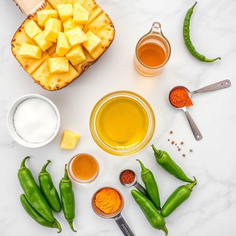 Overhead flat lay of raw pineapple, fresh jalapeños, sugar, vinegar, and spices on a white marble surface with prep bowls and measuring spoons.