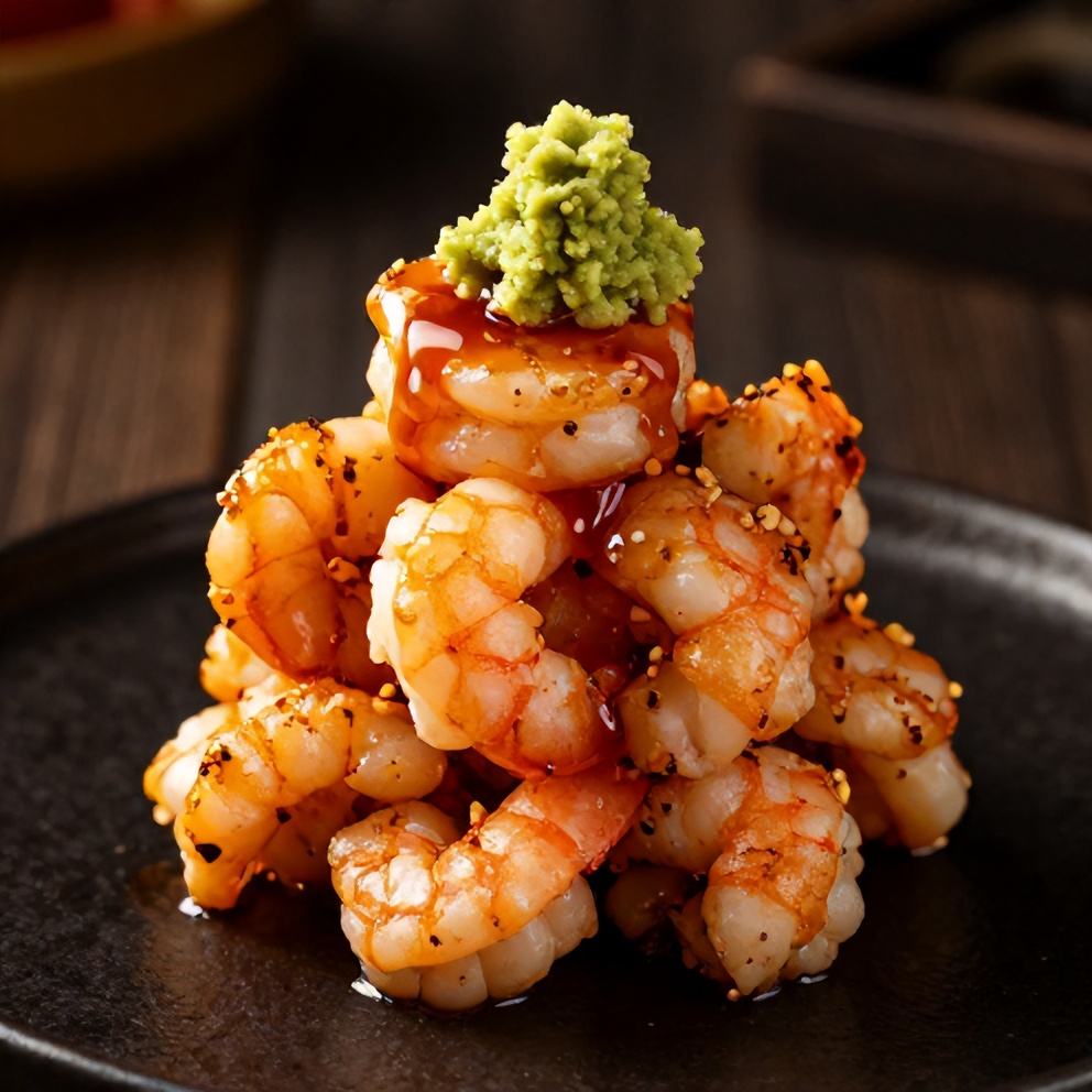 Plated Spicy Shrimp Sushi Stacks with soy sauce and wasabi
