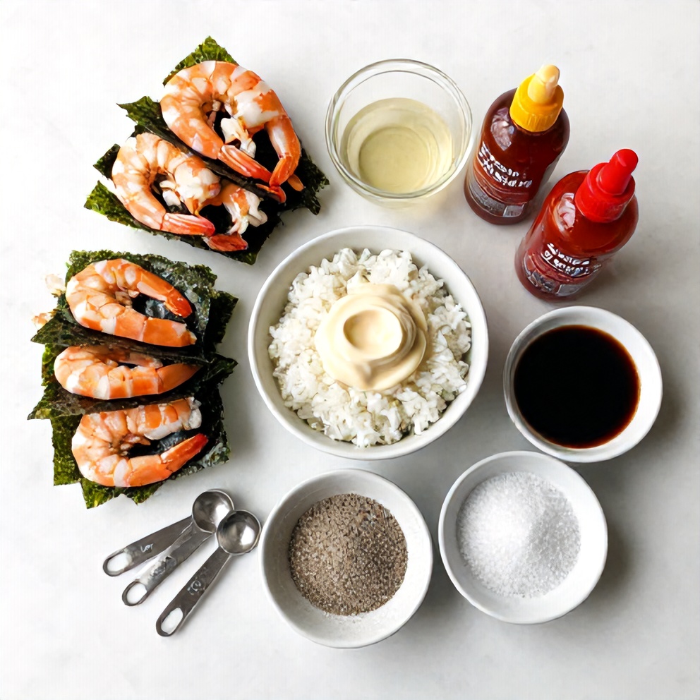 Raw ingredients for Spicy Shrimp Sushi Stacks on a white marble surface