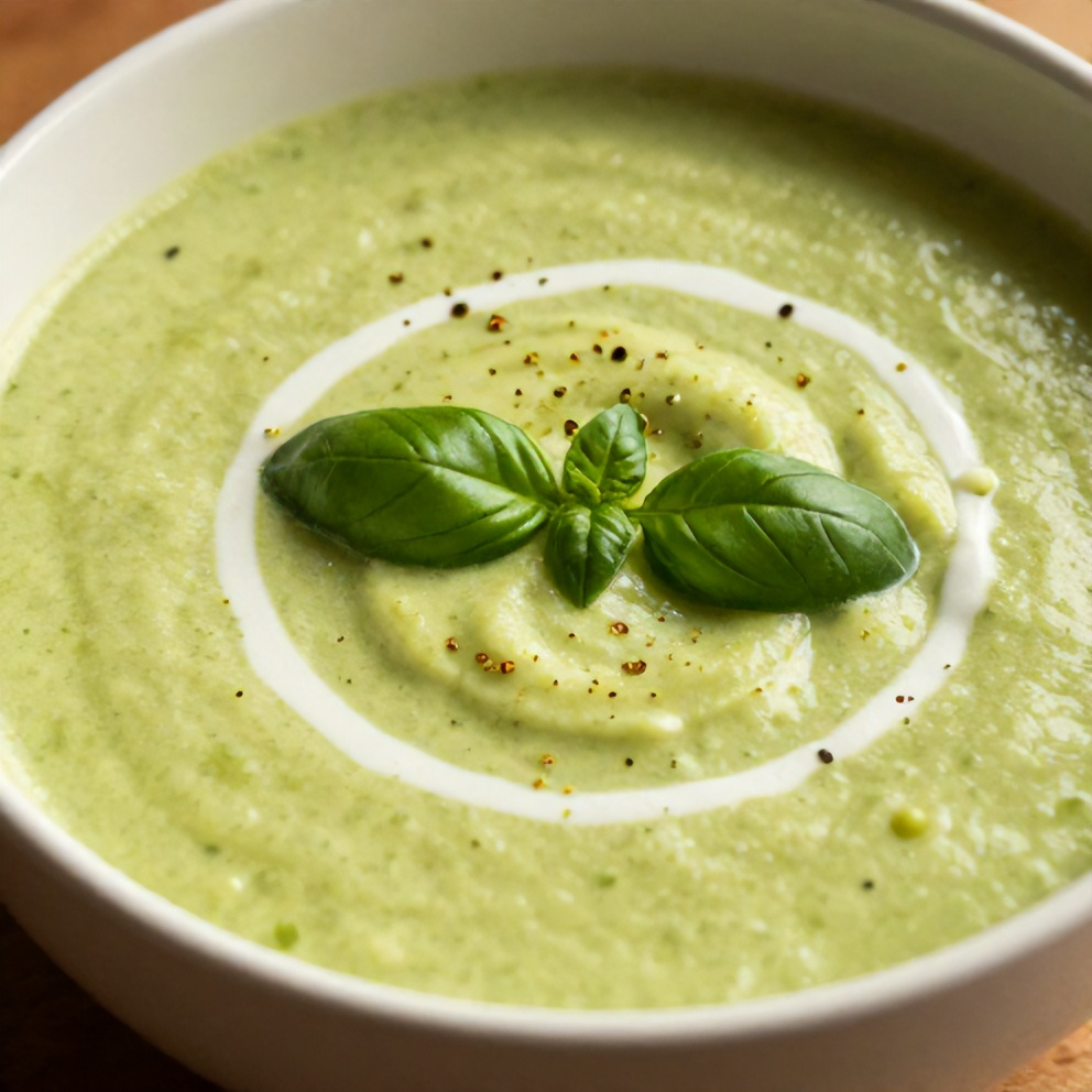 Bowl of creamy Spring Zucchini Basil Soup with a sprinkle of fresh basil
