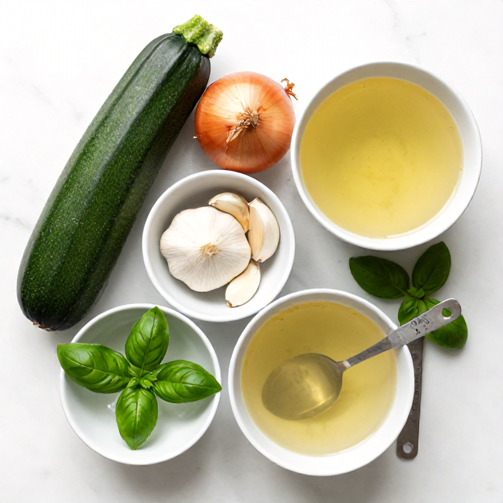 Raw ingredients for Spring Zucchini Basil Soup on a marble surface