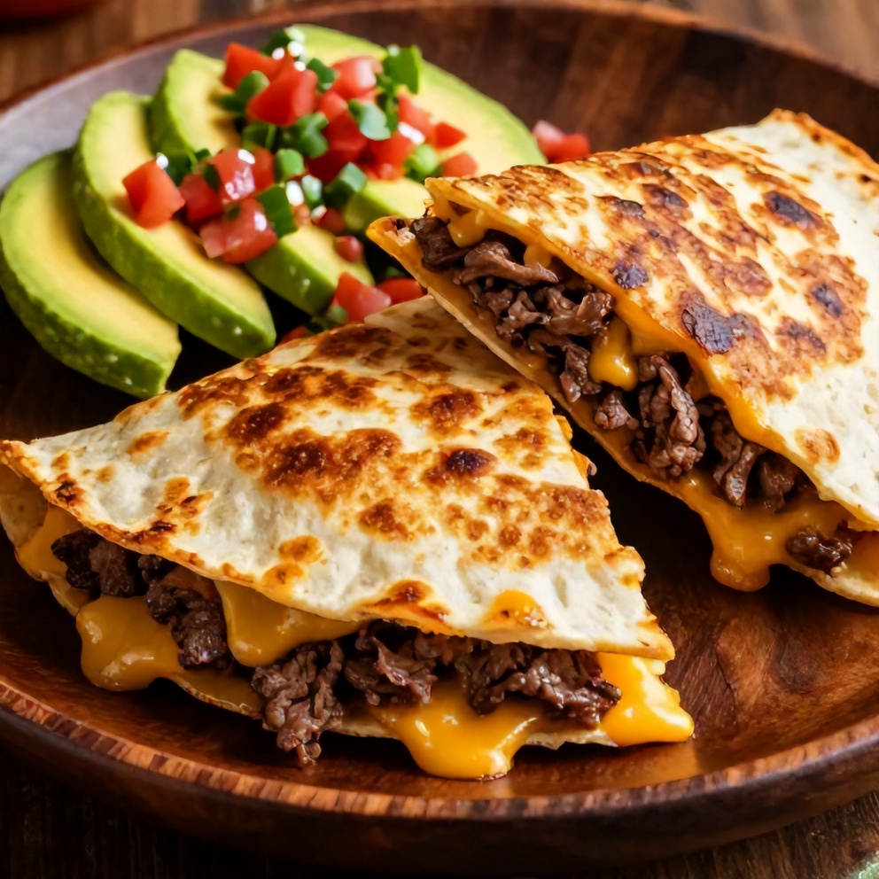 Steak Cheese Quesadilla with avocado and salsa on a plate