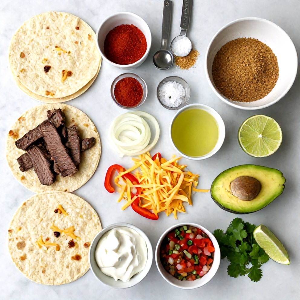 Raw ingredients for Steak Cheese Quesadillas on a wooden surface