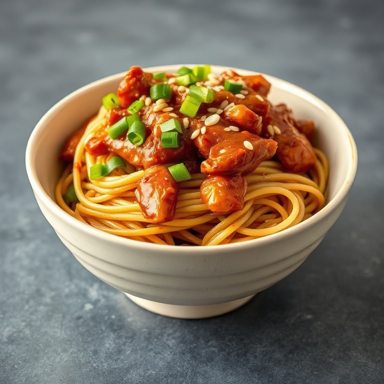 Single serving of sticky garlic chicken noodles topped with chopped scallions and sesame seeds in a wide ceramic bowl.