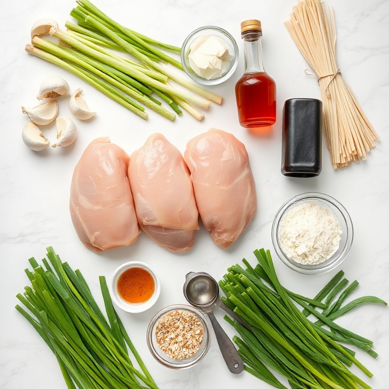 Overhead of raw chicken thighs, rice noodles, garlic cloves, soy sauce bottle, and scallions arranged with prep bowls and measuring spoons.