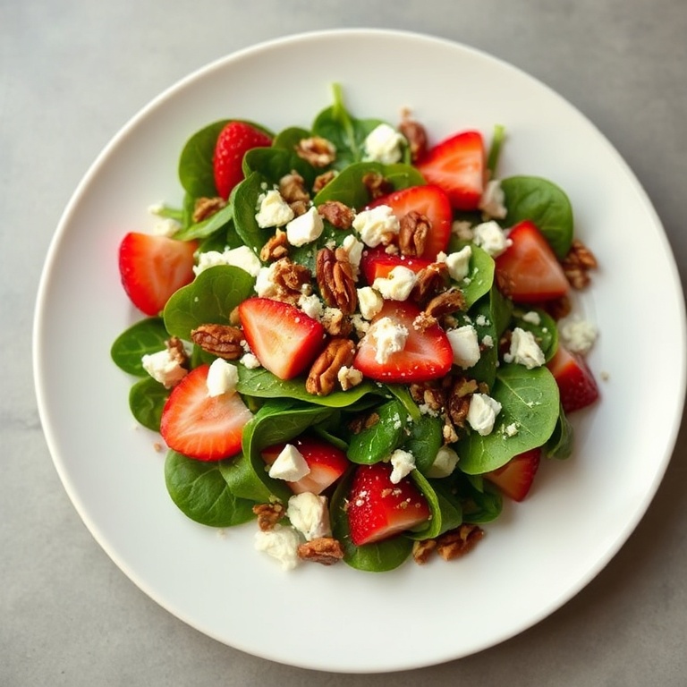 One plated serving of strawberry spinach salad with feta and toasted pecans as garnish on round white plate, close up, warm side light highlights glossy berries and vibrant greens.