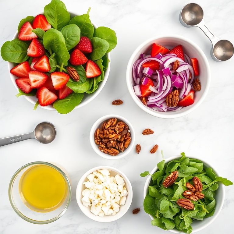 Overhead shot of ingredients for strawberry spinach salad includes large bowl of baby spinach, whole fresh strawberries, chopped pecans, feta cheese, and red onion. Prep bowls, spoons, marble surface.