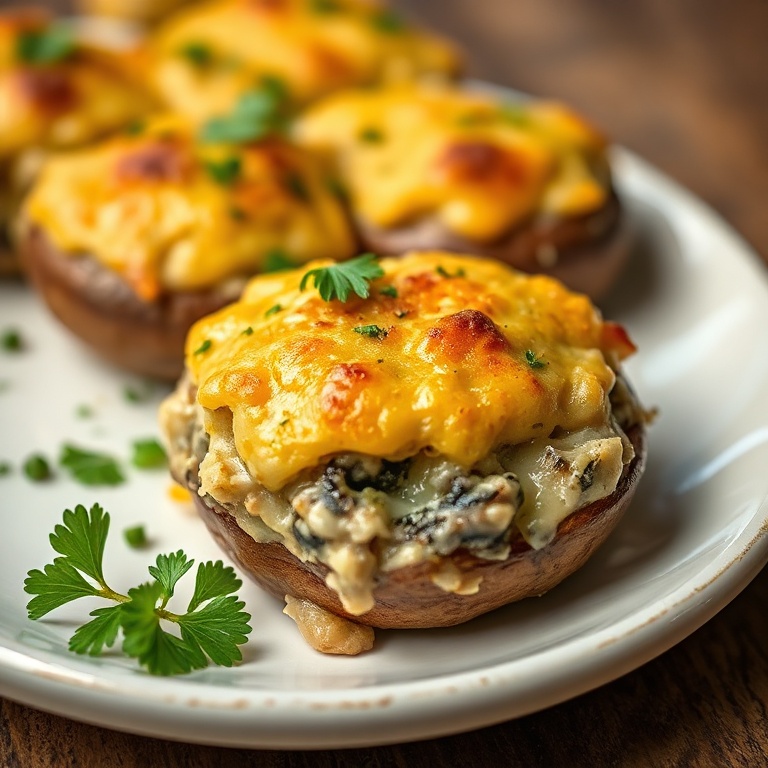 Perfectly plated stuffed mushroom casserole with a sprinkle of fresh herbs