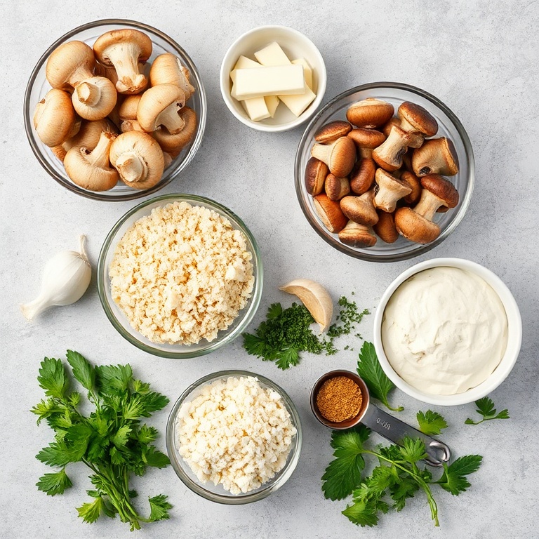 Fresh mushrooms, breadcrumbs, cheese, garlic, and herbs arranged in an overhead flat lay