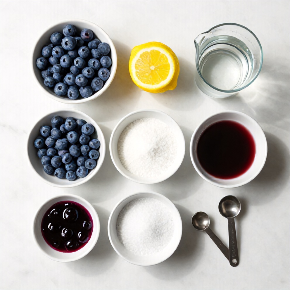 Blueberries, lemon juice, water, and sweetener on a wooden surface