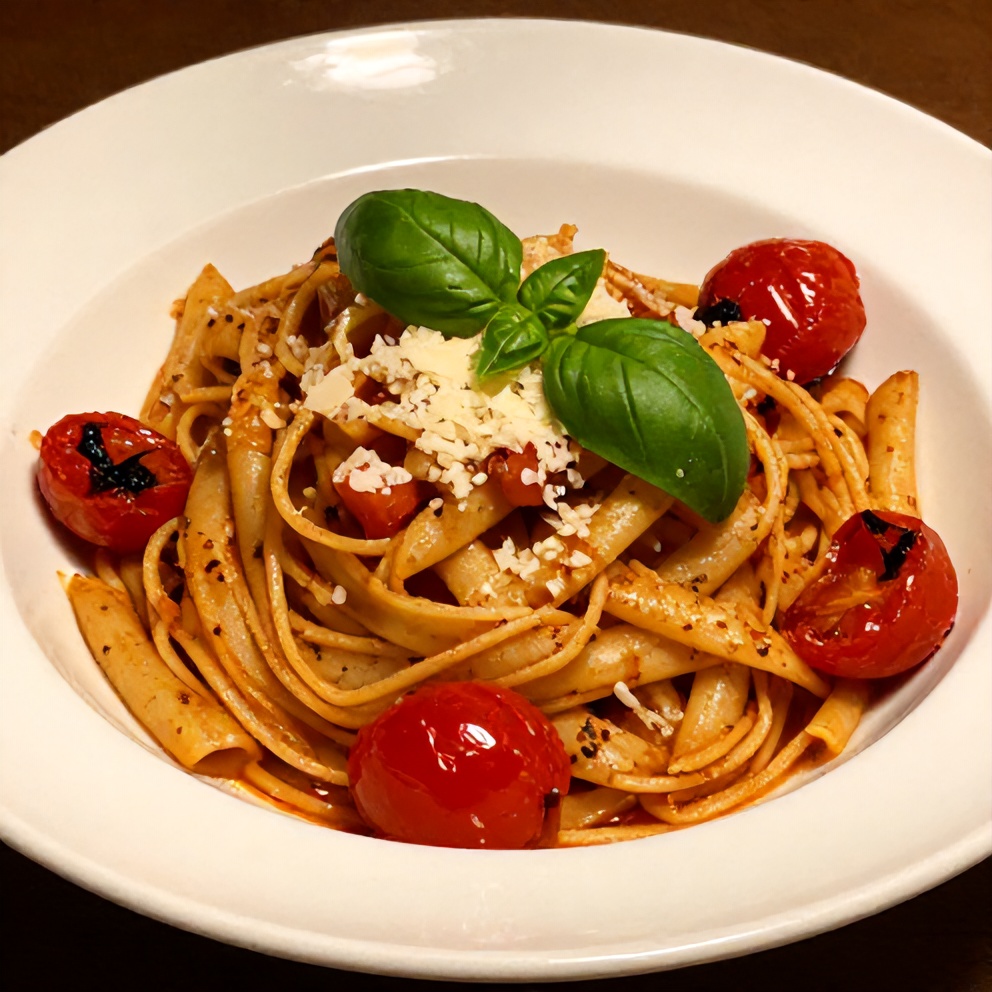 Plated Easy Summer Pasta with Roasted Cherry Tomatoes and Basil