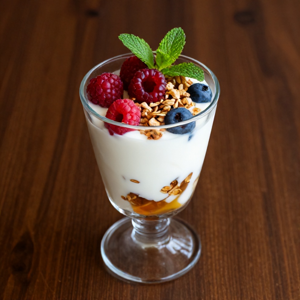 A yogurt parfait with fresh berries and honey, served in a glass on a wooden table