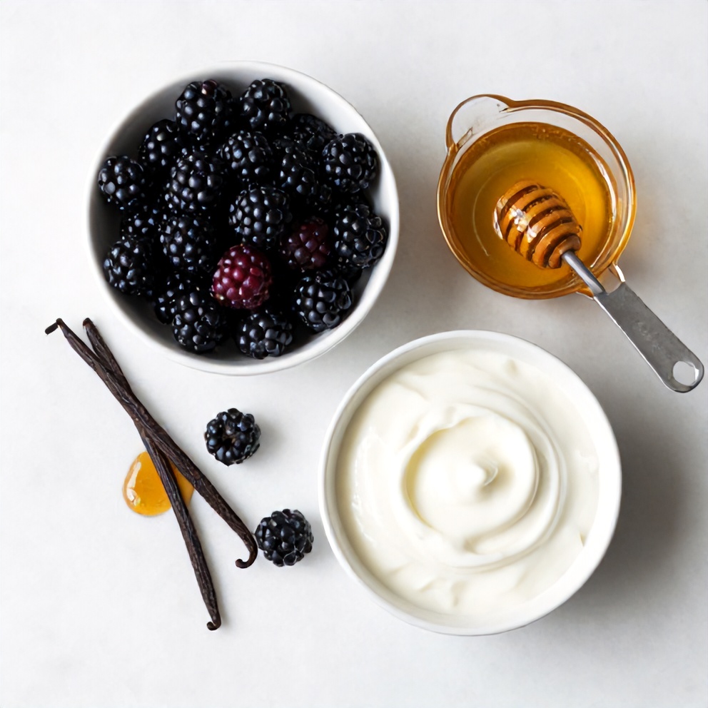 An overhead shot of fresh berries, honey, and yogurt arranged on a white marble surface