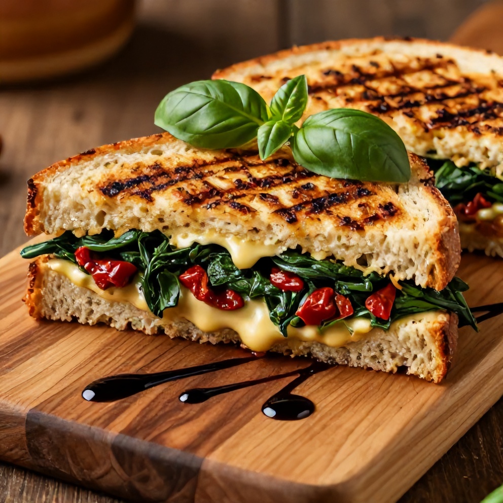 Plated sun-dried tomato spinach grilled cheese sandwich