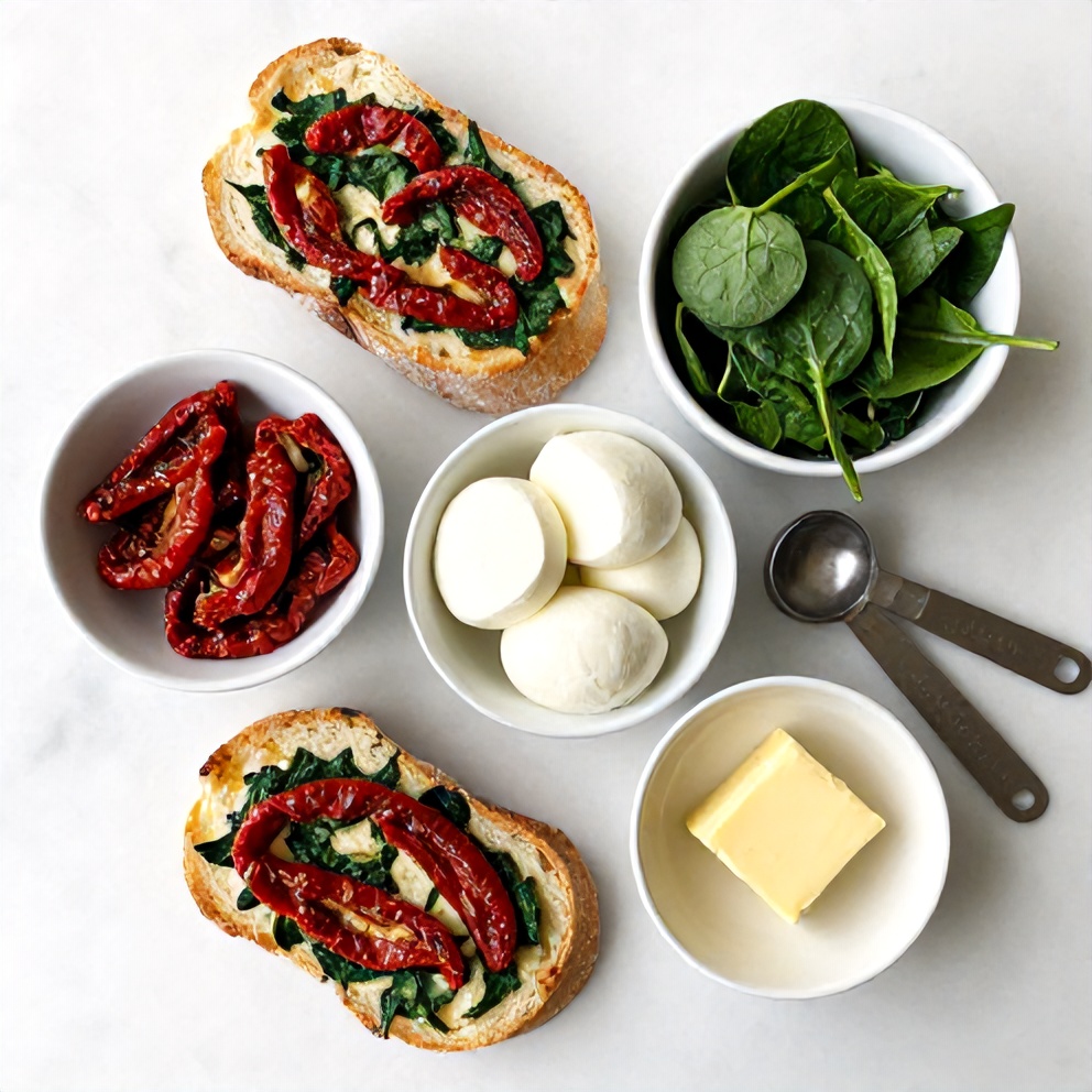 Raw ingredients for sun-dried tomato spinach grilled cheese