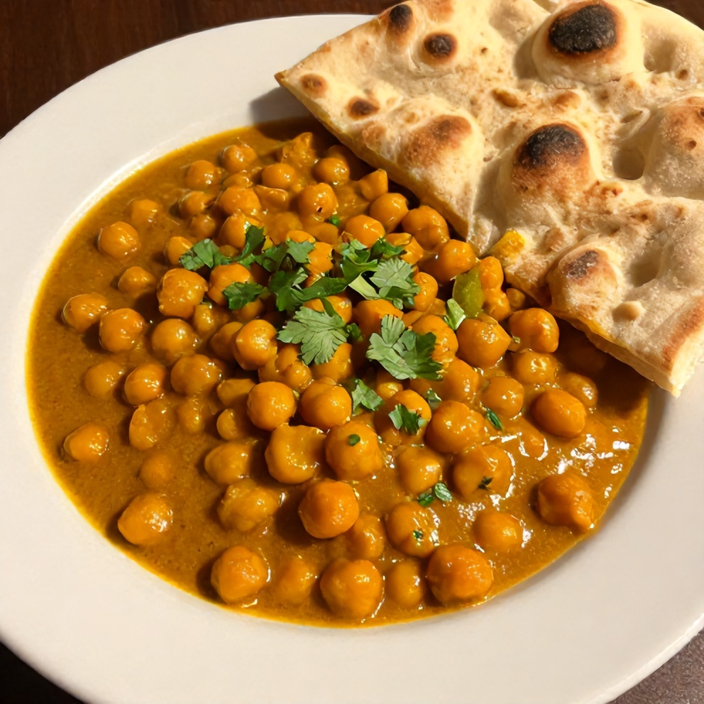 Plate of Easy Sweet Potato Chickpea Curry with naan bread and garnished with cilantro