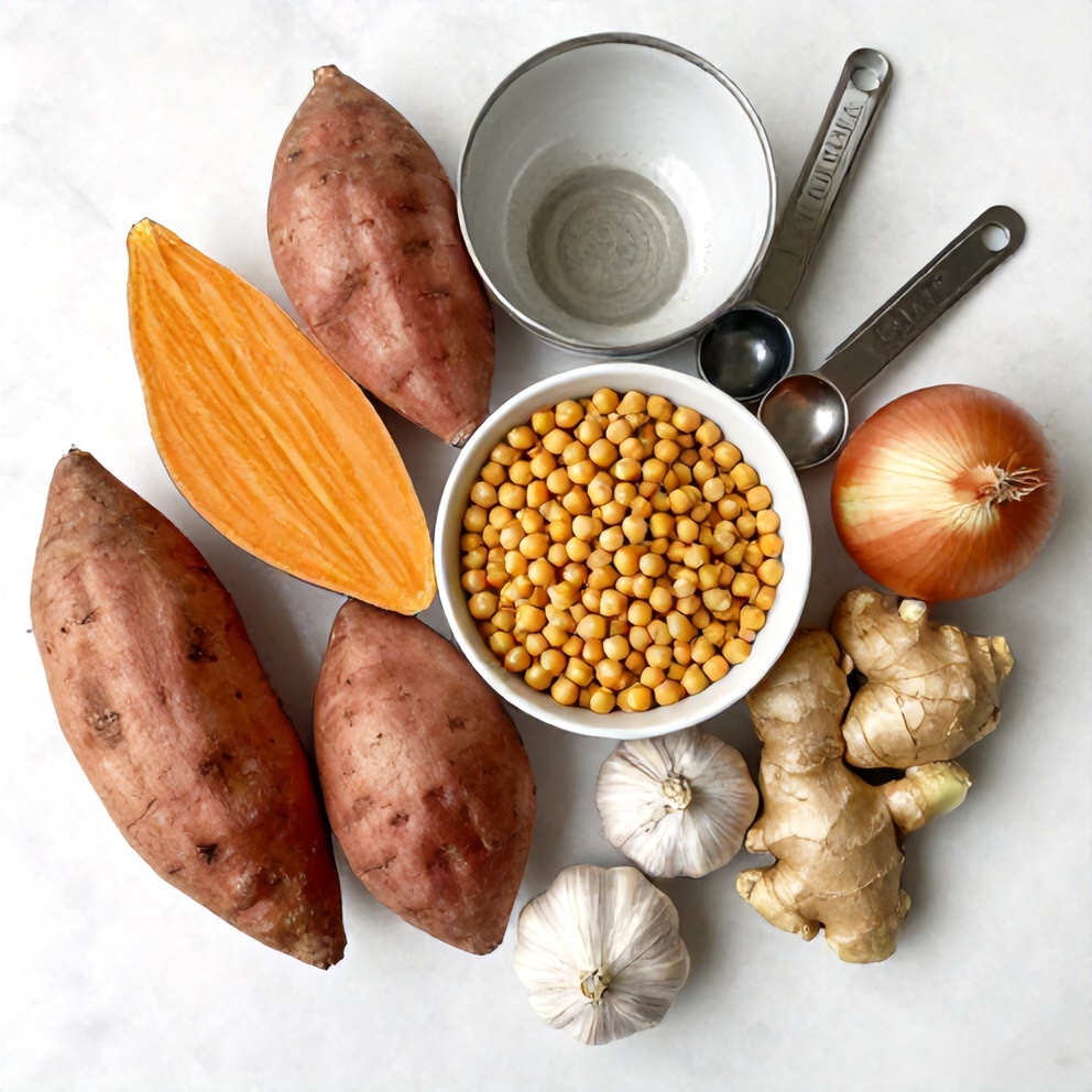 Ingredients for Sweet Potato Chickpea Curry laid out
