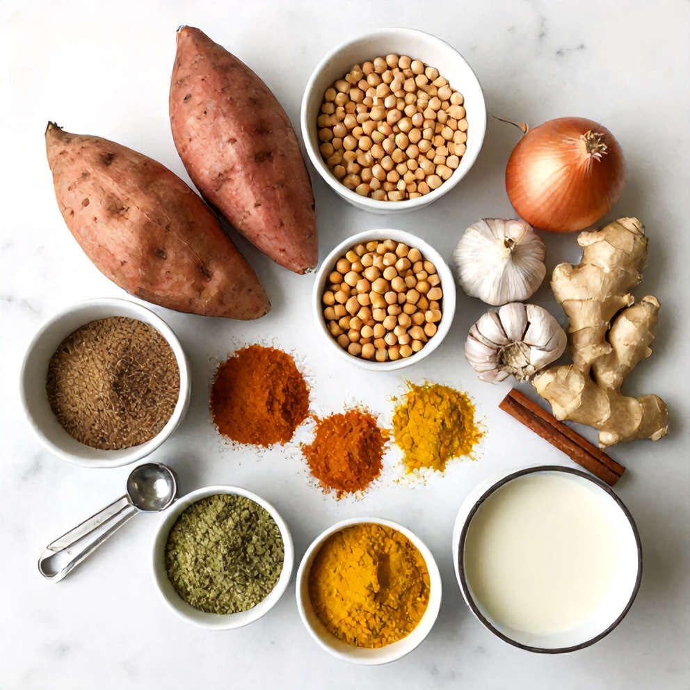 Ingredients for Easy Sweet Potato Chickpea Curry laid out on a wooden surface