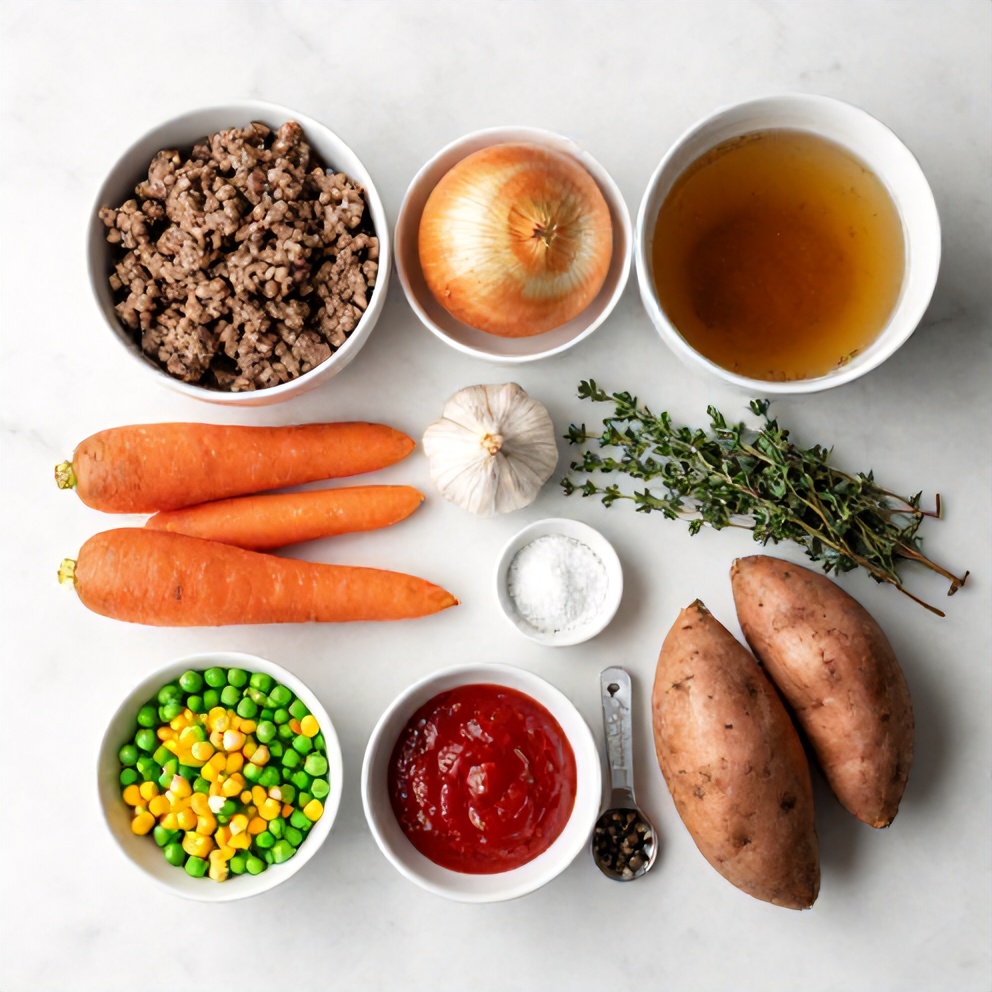 Raw ingredients for Sweet Potato Shepherd’s Pie arranged on a white marble surface