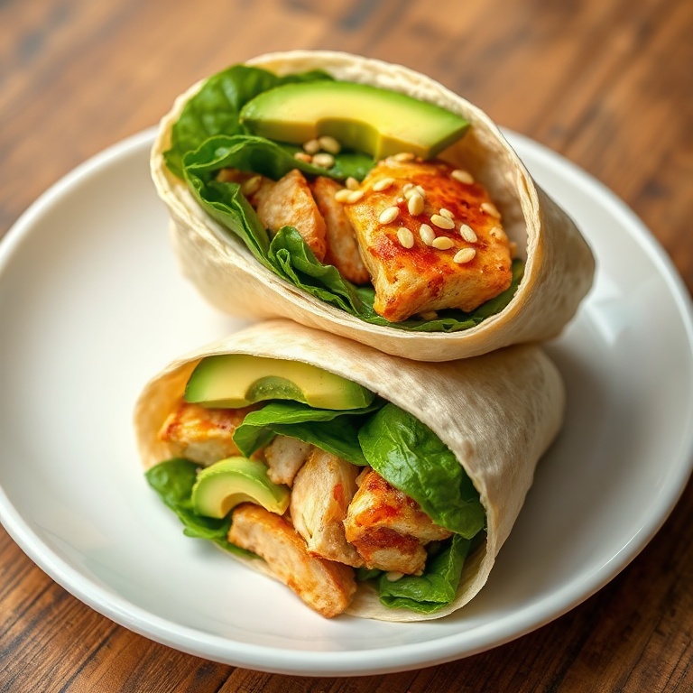 Perfectly plated teriyaki chicken wrap with avocado, spinach, and sesame seeds. White plate with a slight shadow. Warm side lighting. Photorealistic food photography. No text. No watermark.