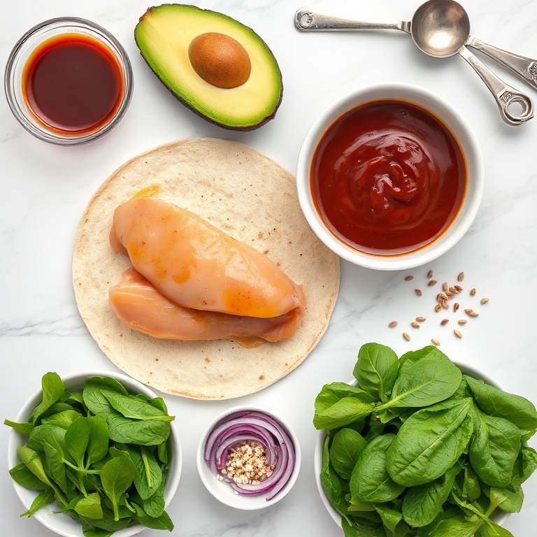 Chicken breast, teriyaki sauce, tortilla, avocado, spinach, red onion, and sesame seeds arranged in an overhead flat lay. Measuring spoons and bowls visible. Bright even light. Photorealistic food photography. No text. No watermark.